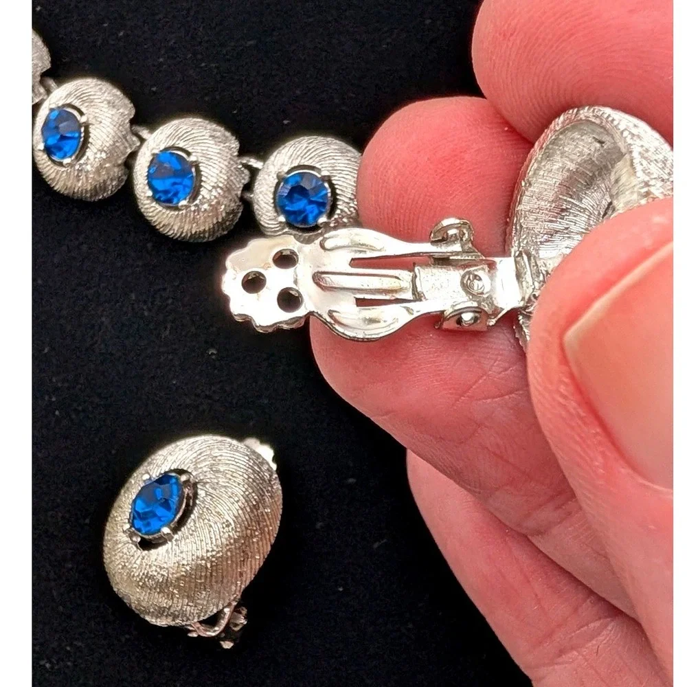 Vintage Silver Tone Blue Rhinestone Choker Necklace and Clip On Earrings Set